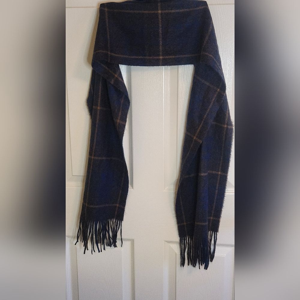 Geoffrey Beene Cashme Brown Navy Plaid Fringe Acrylic Scarf Shawl Italy 66x12.5”